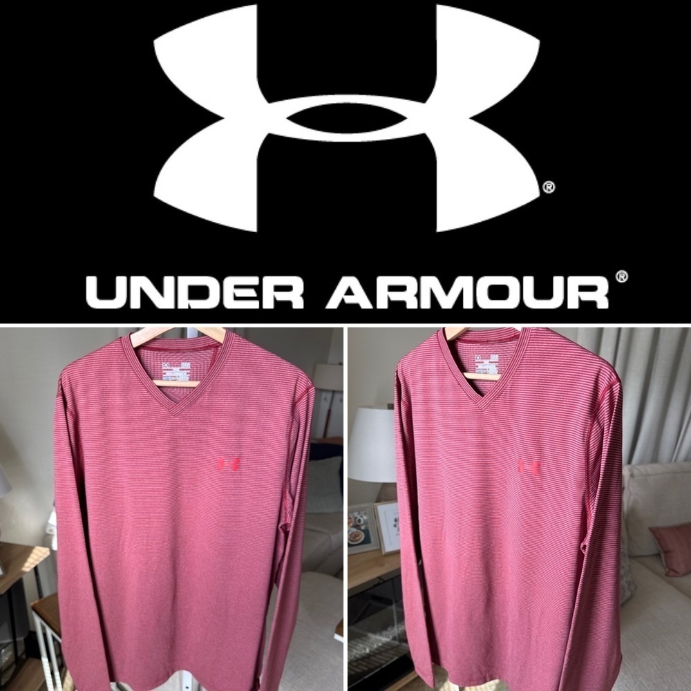 Under Armour Men’s L/S Coldgear Red Shirt Hairline Striped Fitted Stretch Tee L